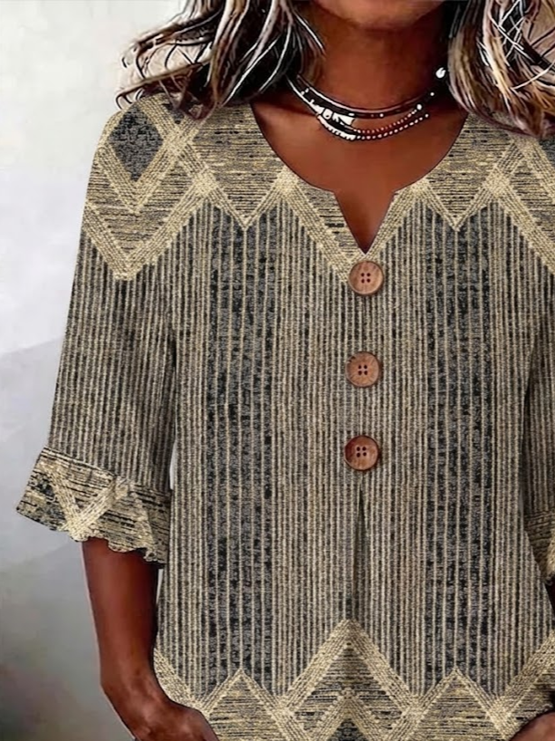 Women's Half Sleeve Blouse Summer Brown Abstract Printing V Neck Daily Going Out Vintage Top