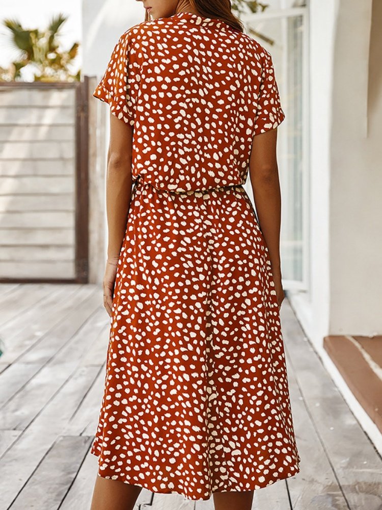 Women's Short Sleeve Summer Blue Polka Dots Split Joint V Neck Daily Going Out Vintage Maxi A-Line T-Shirt Dress Dress