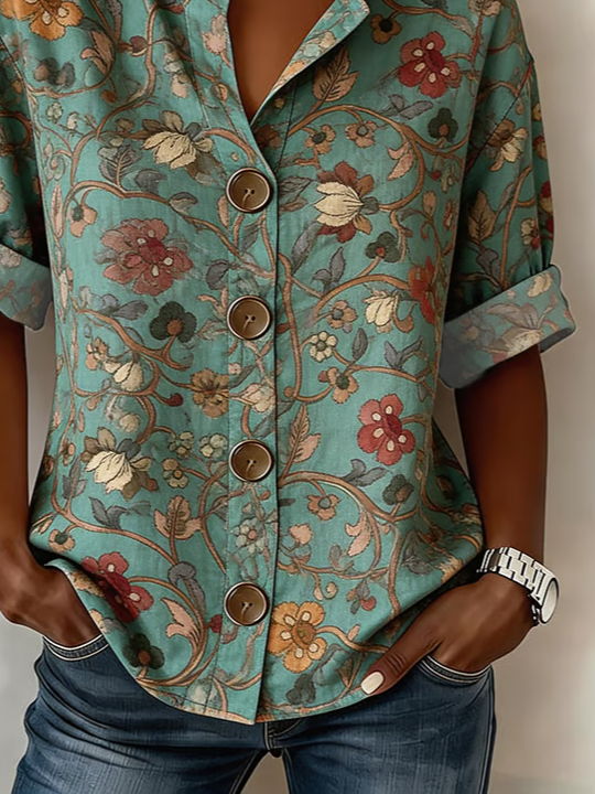 Women's Long Sleeve Shirt Spring/Fall Green Floral Buckle Stand Collar Daily Going Out Casual Top