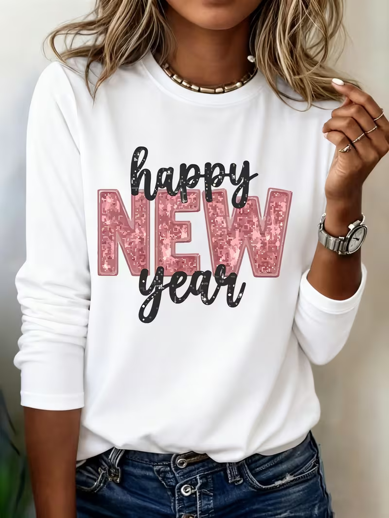 Women's Happy New Year Print Crew Neck Long Sleeve T-Shirt