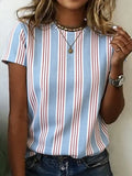 Casual Crew Neck Striped Cotton T-Shirt