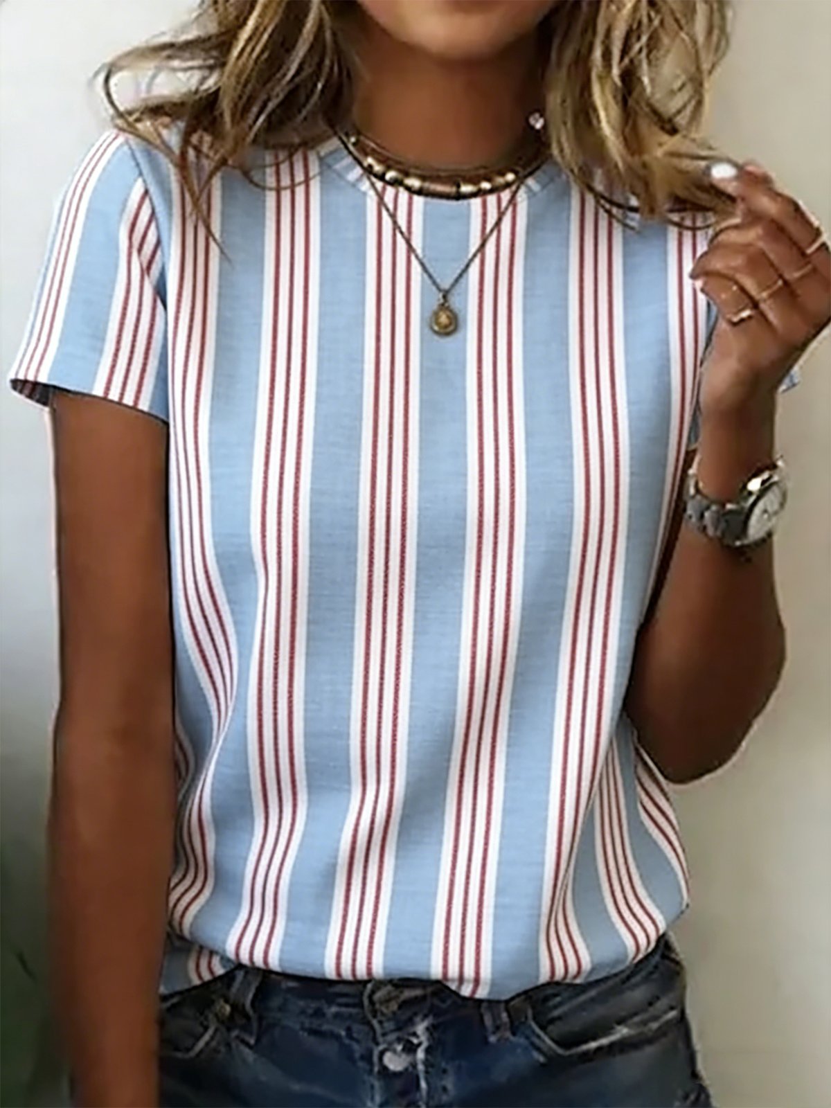 Casual Crew Neck Striped Cotton T-Shirt