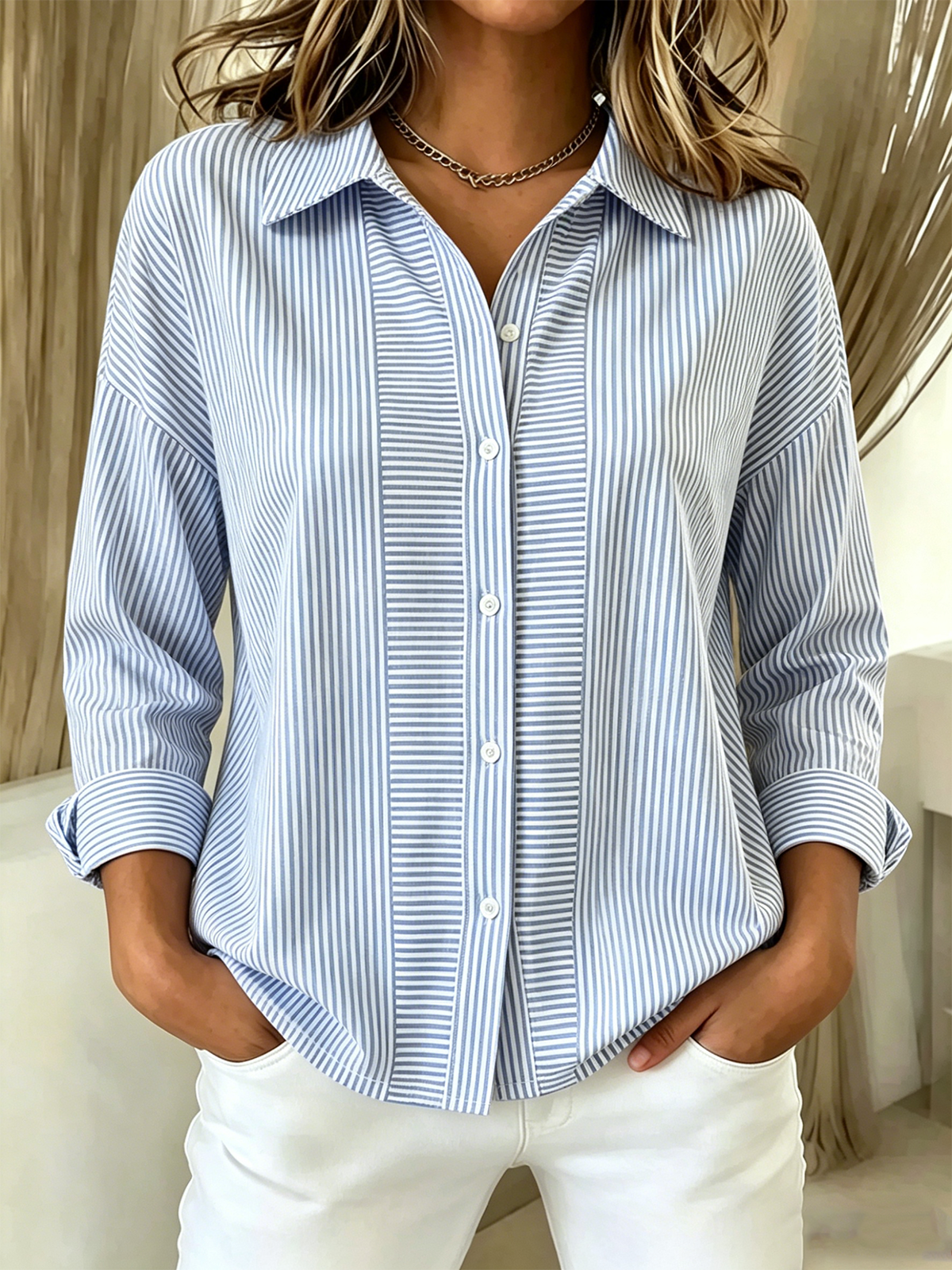 Loose Shirt Collar Simple Striped Shirt