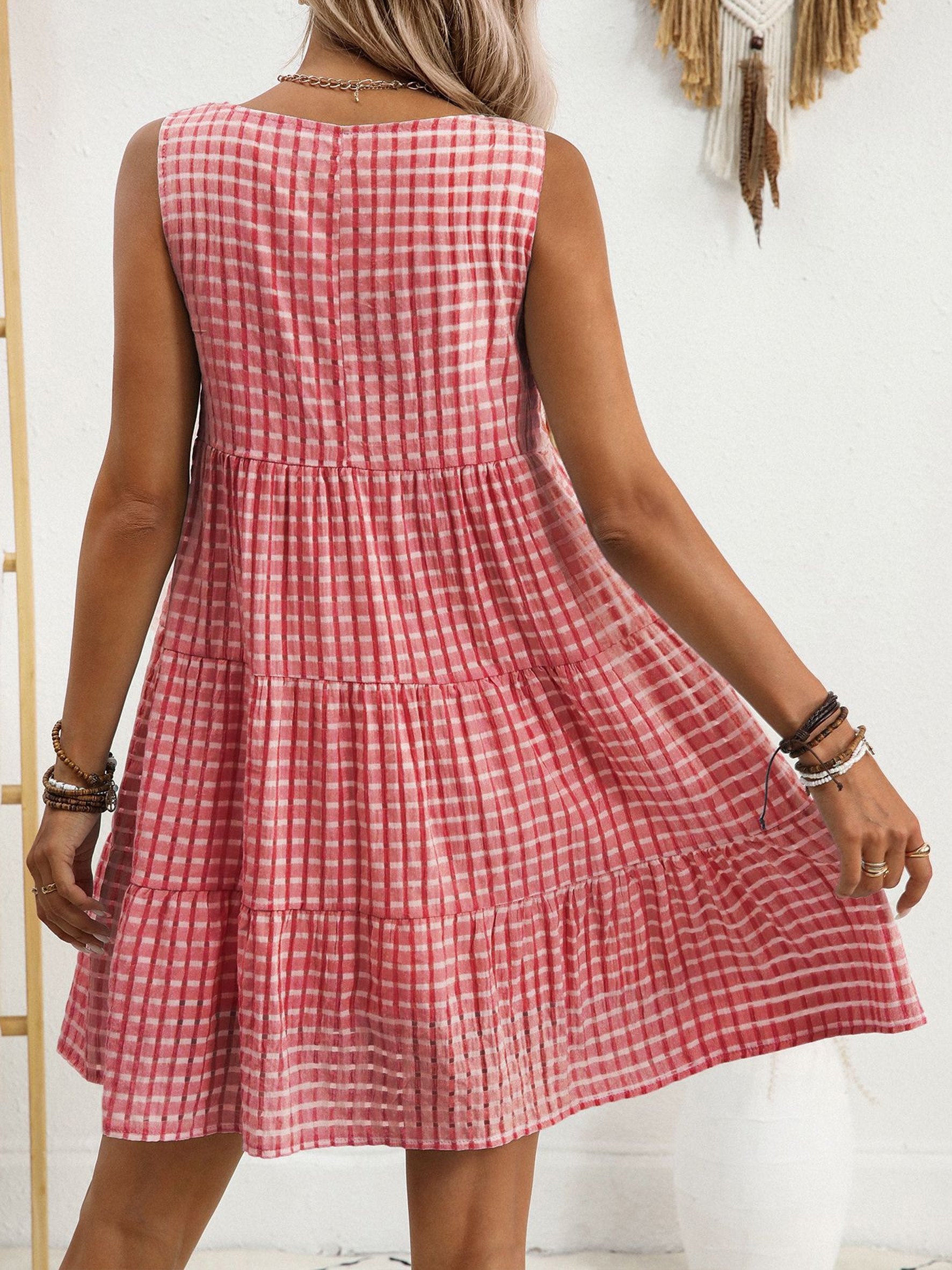 Plaid Crew Neck Sleeveless Going Out Casual Dress
