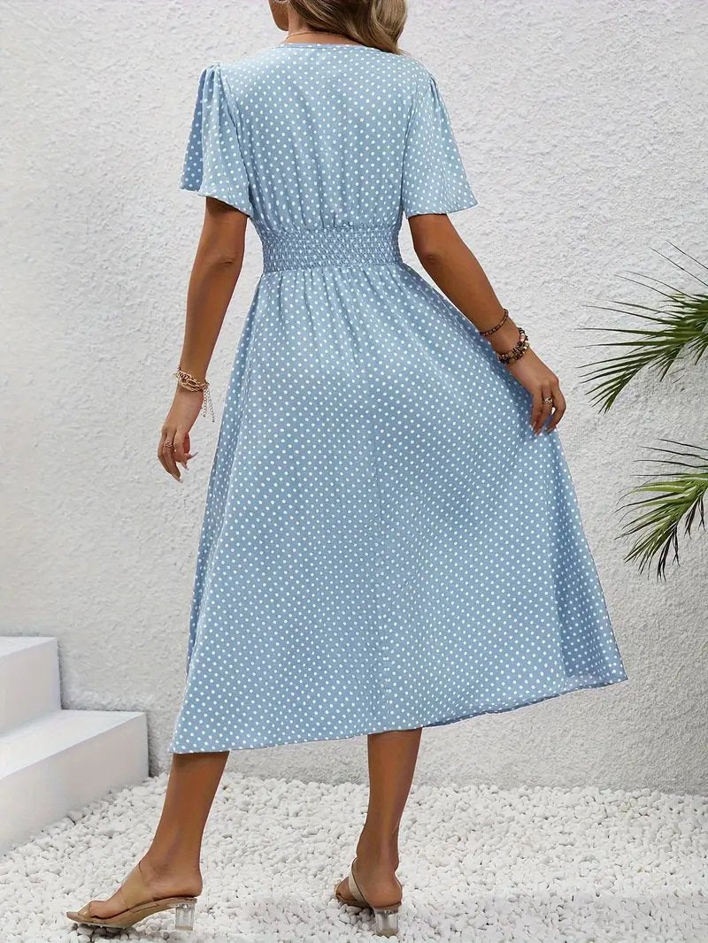 Women's Short Sleeve Summer Blue Polka Dots Split Joint V Neck Daily Going Out Casual Maxi A-Line Tank Dress