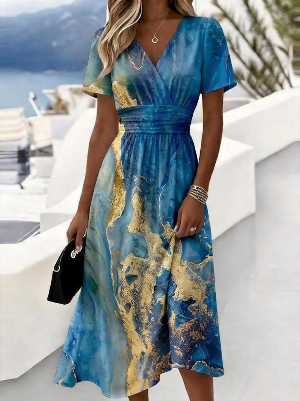 Elegant Chevron V Neck Regular Fit Dress With No