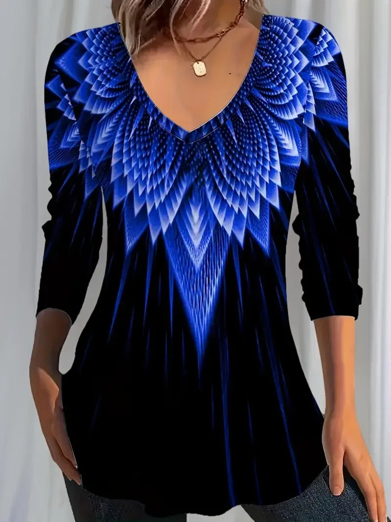 Women's Long Sleeve T-shirt Spring/Fall Black Abstract Printing Jersey V Neck Daily Going Out Casual Top