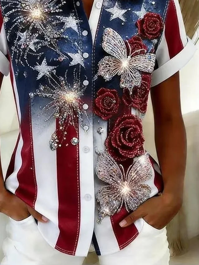 Women's Short Sleeve Shirt Summer As Picture Independence Day (Flag) Printing Shirt Collar Daily Going Out Casual Top