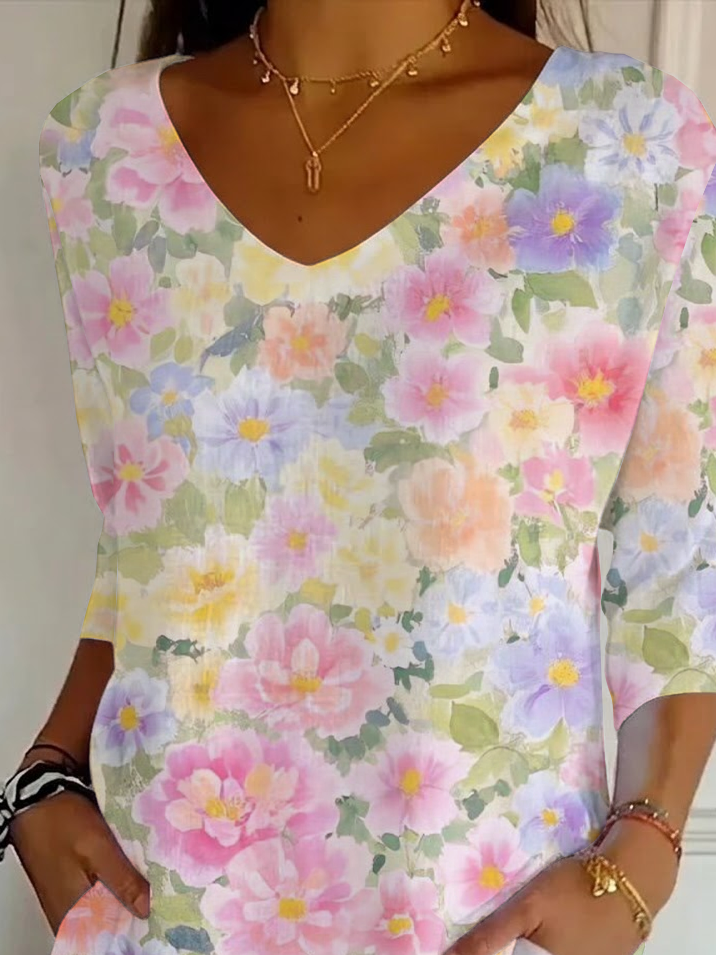 Women's Three Quarter Sleeve T-shirt Spring/Fall As Picture Floral Printing V Neck Daily Going Out Casual Top
