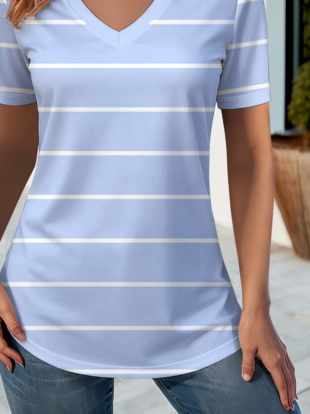 Women's Short Sleeve T-shirt Summer Blue Striped Printing V Neck Holiday Going Out Vintage Top