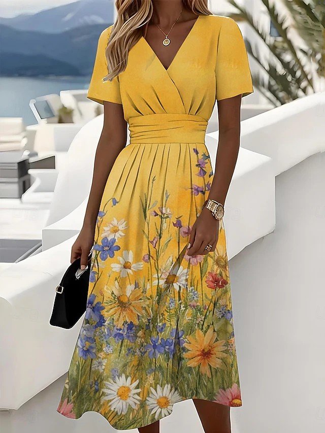 Elegant V Neck Floral Regular Fit Dress With No