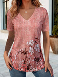 Women's Short Sleeve T-shirt Summer Pink Floral Printing V Neck Holiday Going Out Vintage Top