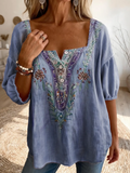 Women's Three Quarter Sleeve Blouse Spring/Fall Purple Floral Printing Square Neck Daily Going Out Vintage Top