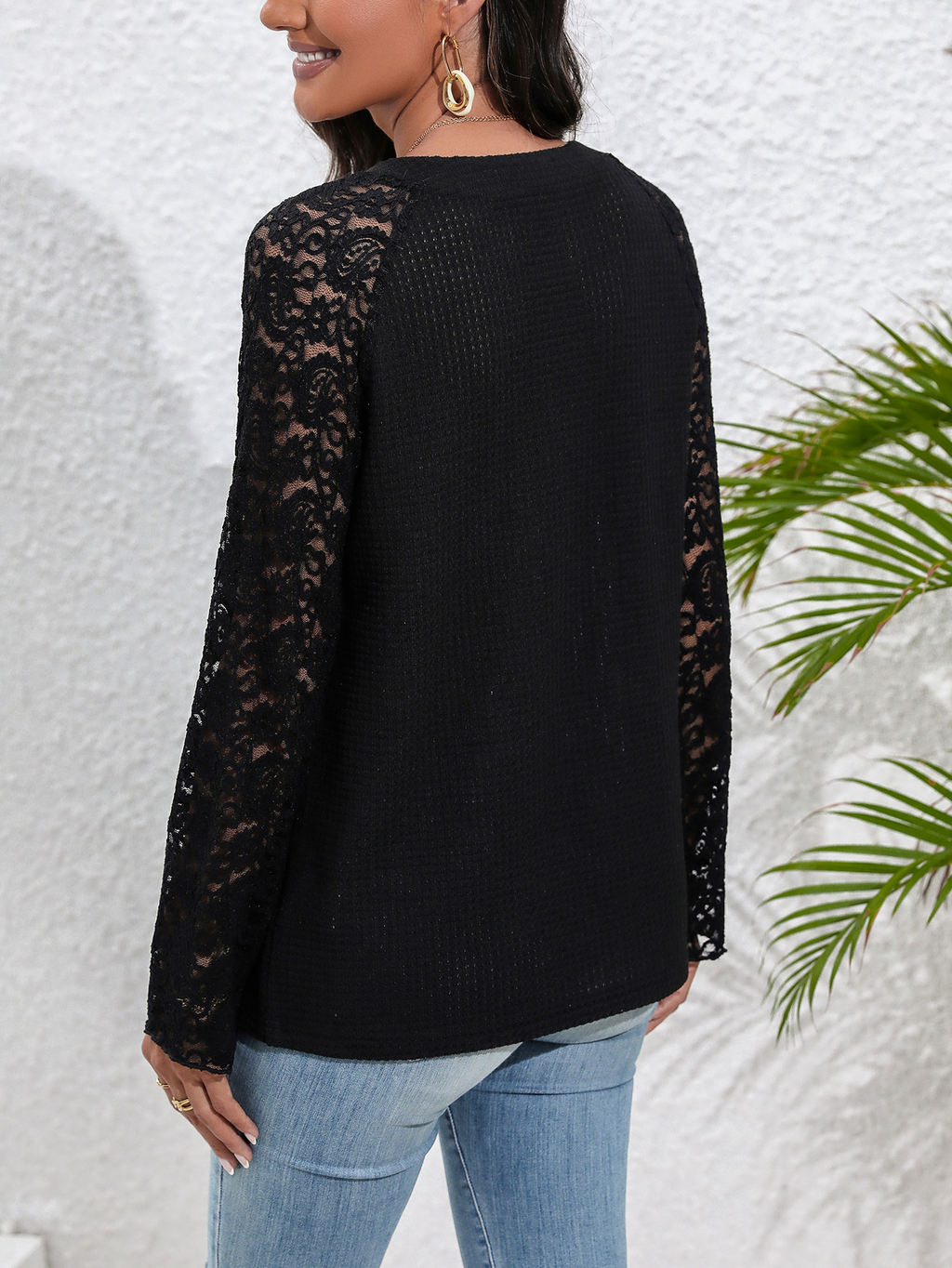 Lace Block Crew Neck Casual Plain Blouse
