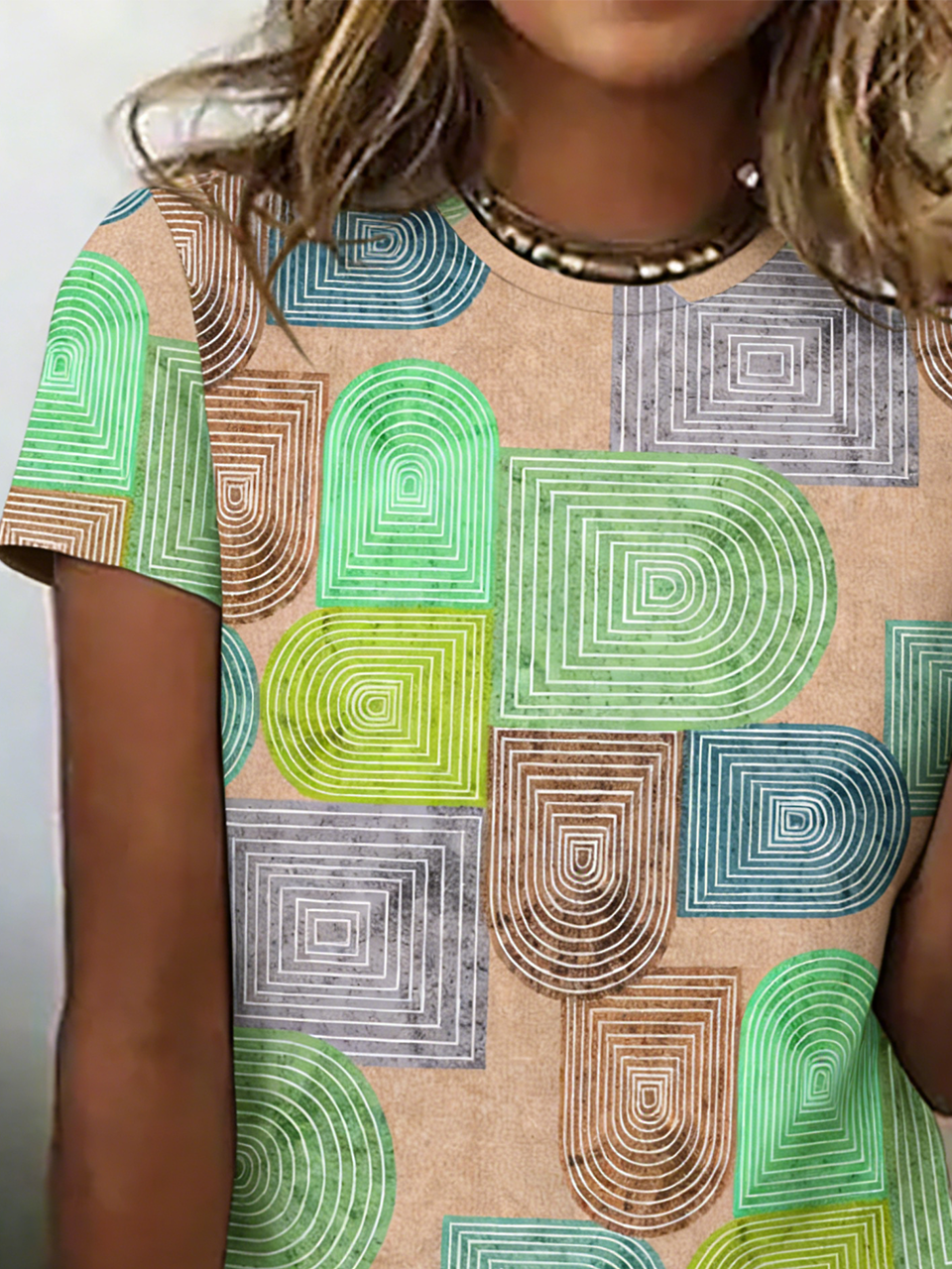 Cotton Geometric Crew Neck Casual T-Shirt