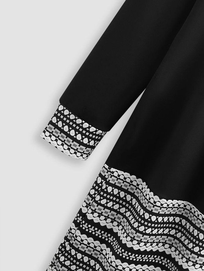 Women's Casual Stitching Printed Round Neck Long Sleeve Dress