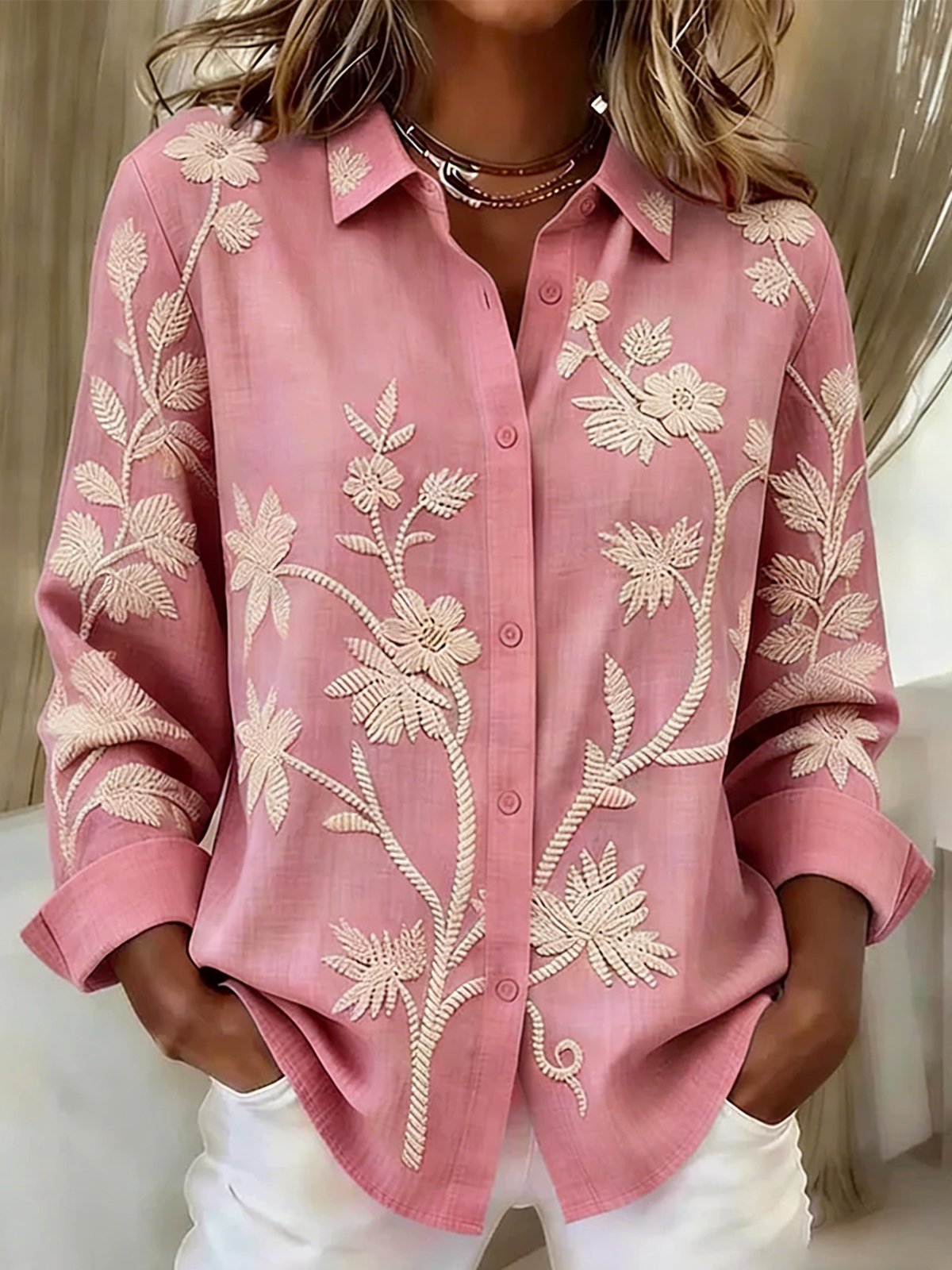 Women’s Light Blue Printed Floral Long Sleeve Button Down Collared Blouse Elegant Shirt
