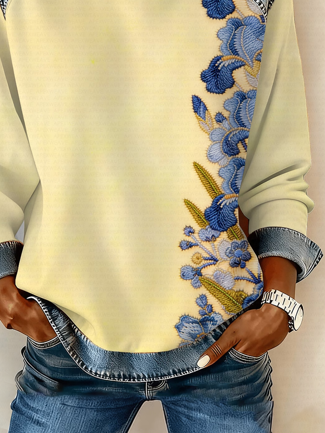 Women's Flower Print Patchwork Denim Crewneck Long-Sleeved Sweatshirt