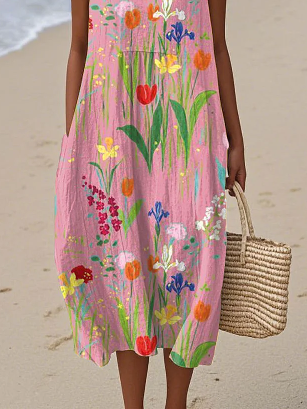 Women's Sleeveless Summer Pink Floral Printing Crew Neck Daily Going Out Casual Maxi H-Line Tank Dress