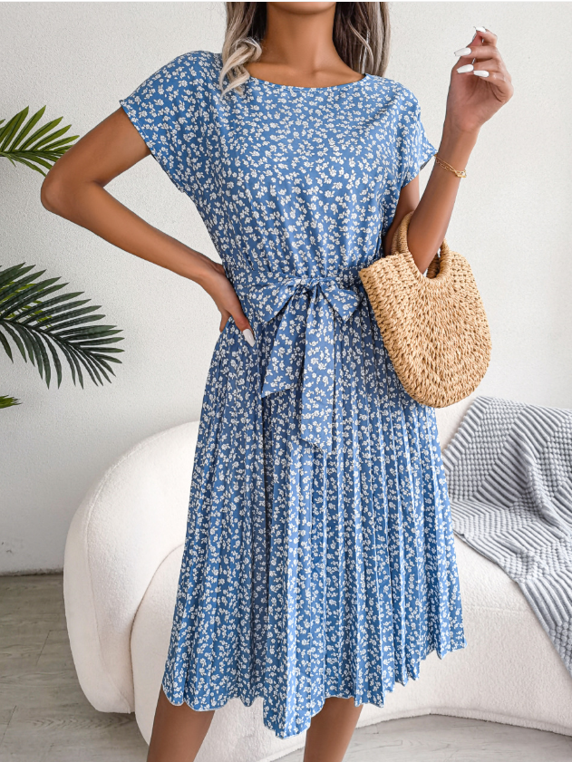 Women's Short Sleeve Summer Light Blue Floral Split Joint Crew Neck Daily Going Out Vintage Midi A-Line Pleated Dress