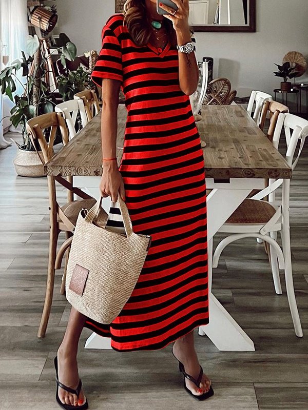 Women's Short Sleeve Summer White Striped Split Joint V Neck Daily Going Out Casual Maxi A-Line T-Shirt Dress Dress