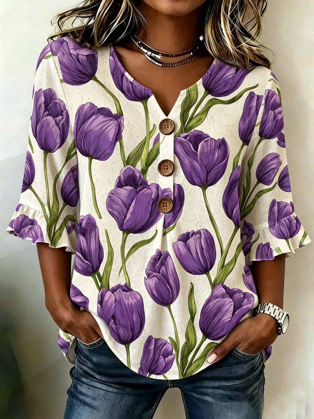 Women's Floral Half Ruffle Sleeve Blouse Summer V Neck Button Daily Going Out Vintage Top