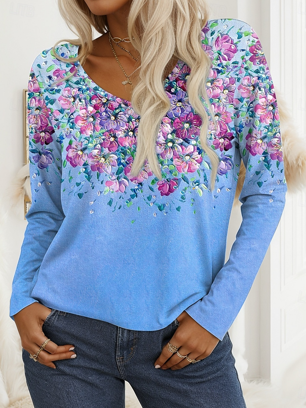Print Casual V Neck Long Sleeve T-Shirt