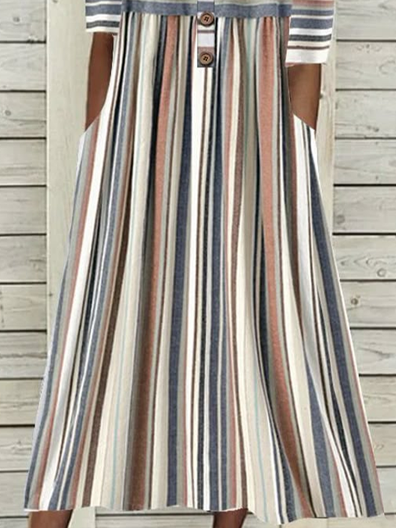 Women's Stripe Print Casual Button Dress