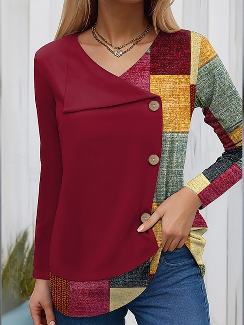 Women's Long Sleeve T-shirt Spring/Fall Wine Red Plaid Printing V Neck Daily Going Out Casual Top
