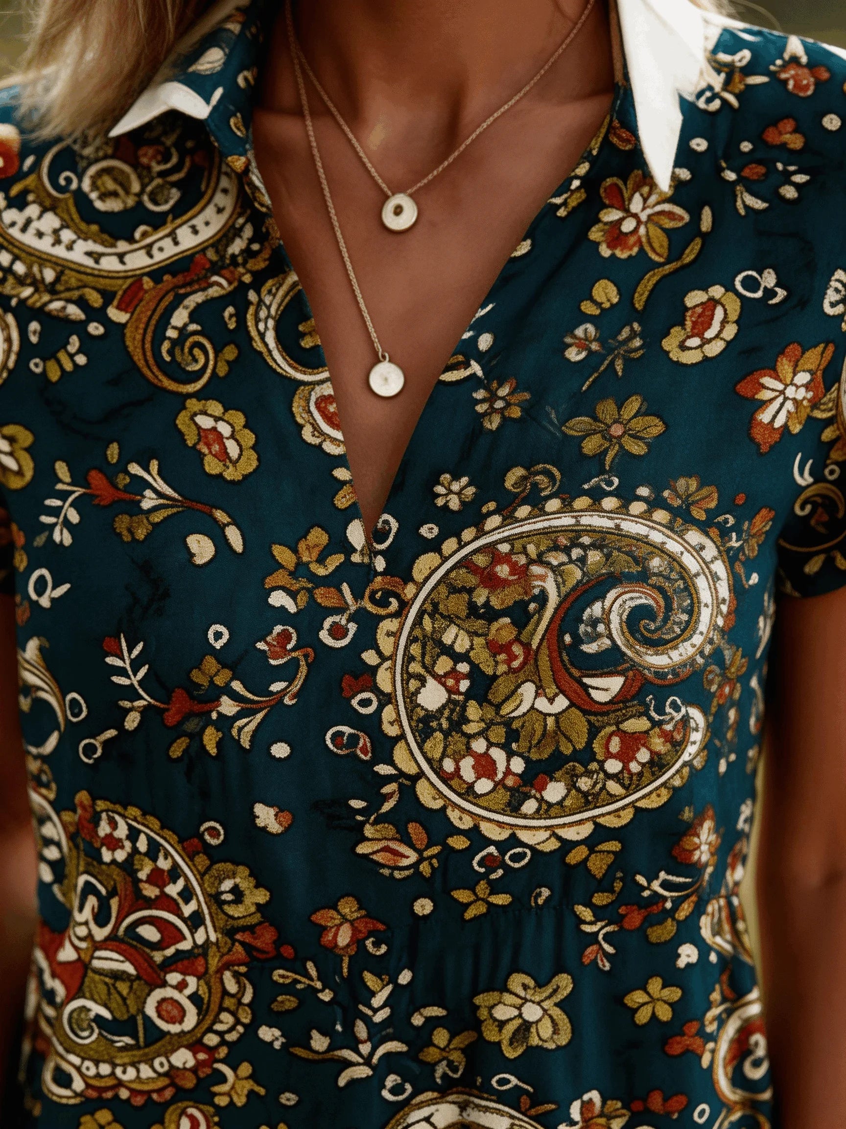 Paisley Boho Loose Shirt Collar Shirt Dress With No