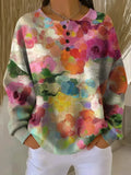 Women's Flowers Print Button-Up Casual Waffle Knit Sweatshirt