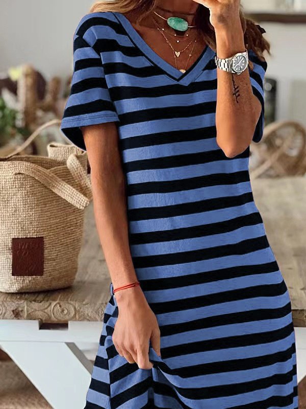 Women's Short Sleeve Summer White Striped Split Joint V Neck Daily Going Out Casual Maxi A-Line T-Shirt Dress Dress