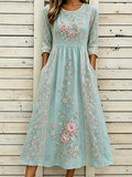 Women's Half Sleeve Summer Blue Floral Printing Crew Neck Daily Going Out Casual Maxi H-Line Dress