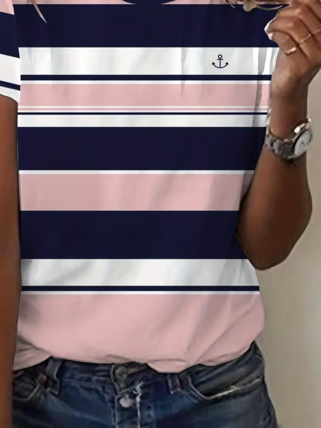 Women's Short Sleeve T-shirt Summer Pink Striped Printing Jersey Crew Neck Daily Going Out Casual Top