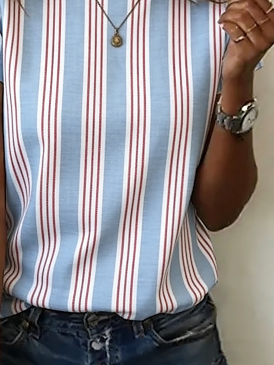 Casual Crew Neck Striped Cotton T-Shirt