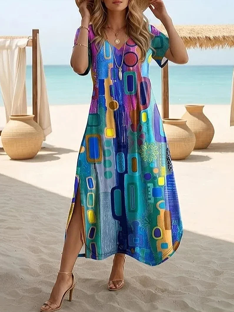 Women's Short Sleeve Summer Blue Abstract Printing Crew Neck Daily Going Out Casual Maxi H-Line T-Shirt Dress Dress
