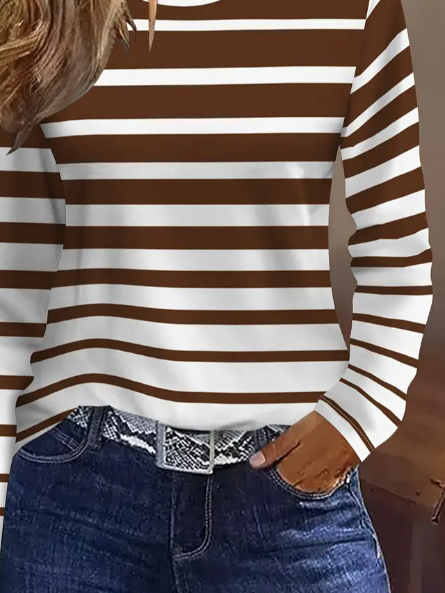 Women's Long Sleeve T-shirt Spring/Fall Brown Striped Printing Jersey Crew Neck Daily Going Out Casual Top