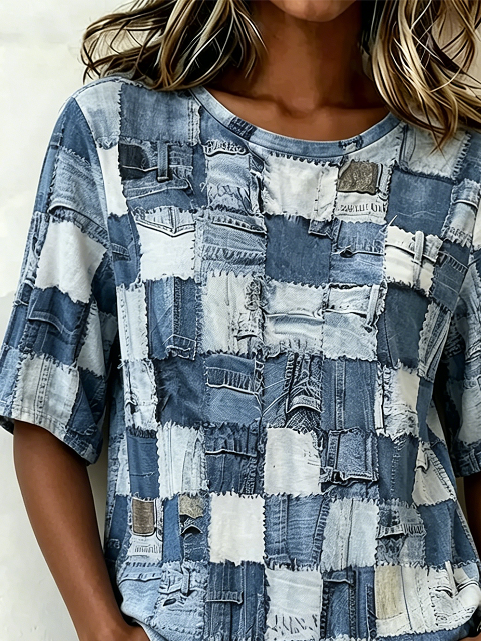 Faux Denim Print Graphic Crew Neck Casual Cotton-Blend T-Shirt