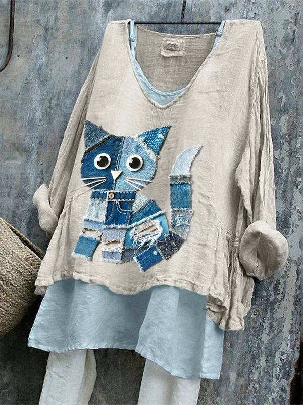 Women's Long Sleeve Blouse Spring/Fall Apricot Cat Printing V Neck Daily Going Out Casual Top
