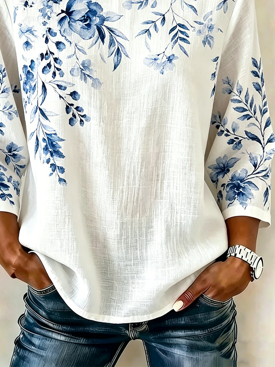 Linen Blend Vintage Floral Crew Neck Shirt
