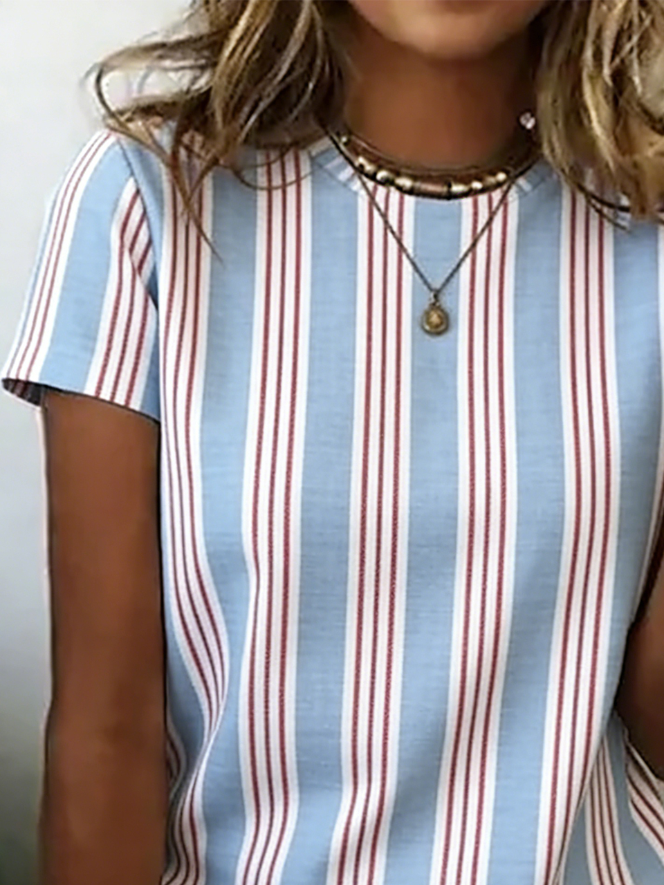 Casual Crew Neck Striped Cotton T-Shirt