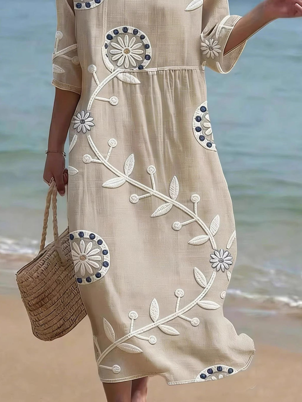Vintage Floral Round Neck 3D Printing Casual Dress