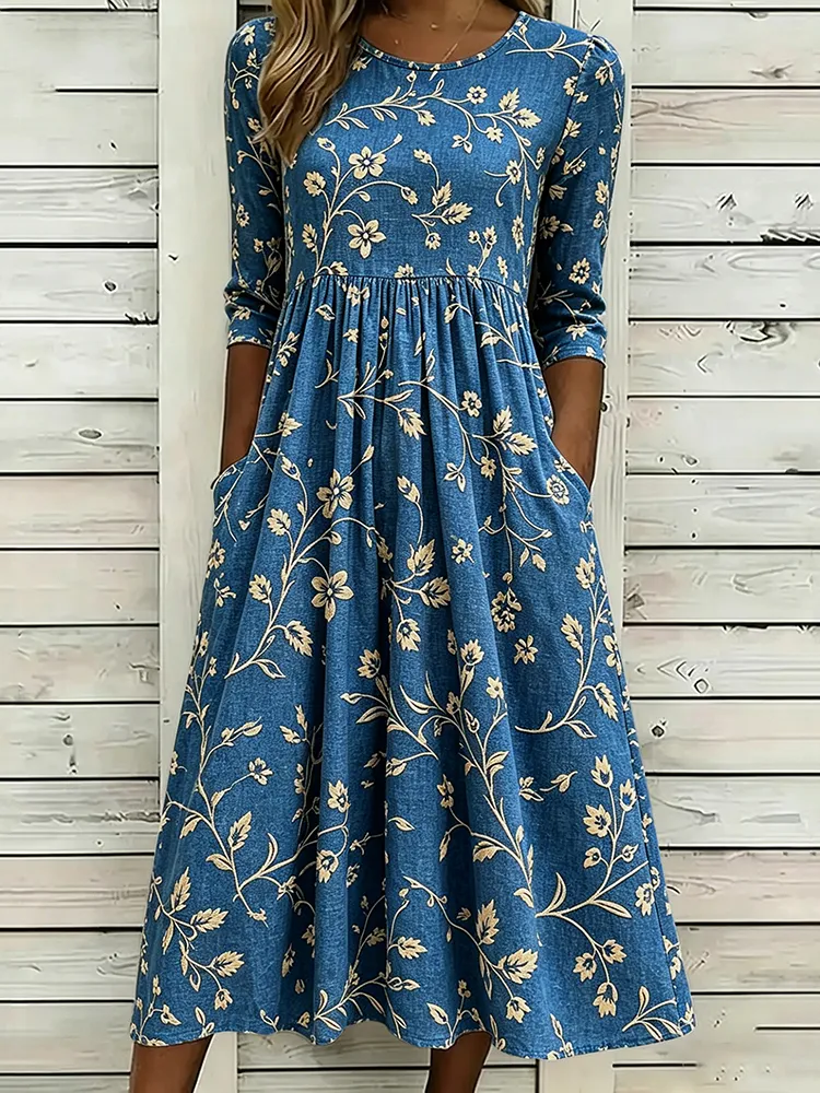 Women's Half Sleeve Summer Blue Floral Printing Crew Neck Daily Going Out Casual Maxi H-Line Dress