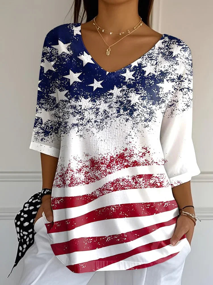 Women's Three Quarter Sleeve T-shirt Spring/Fall White America Flag Printing V Neck Daily Going Out Casual Top
