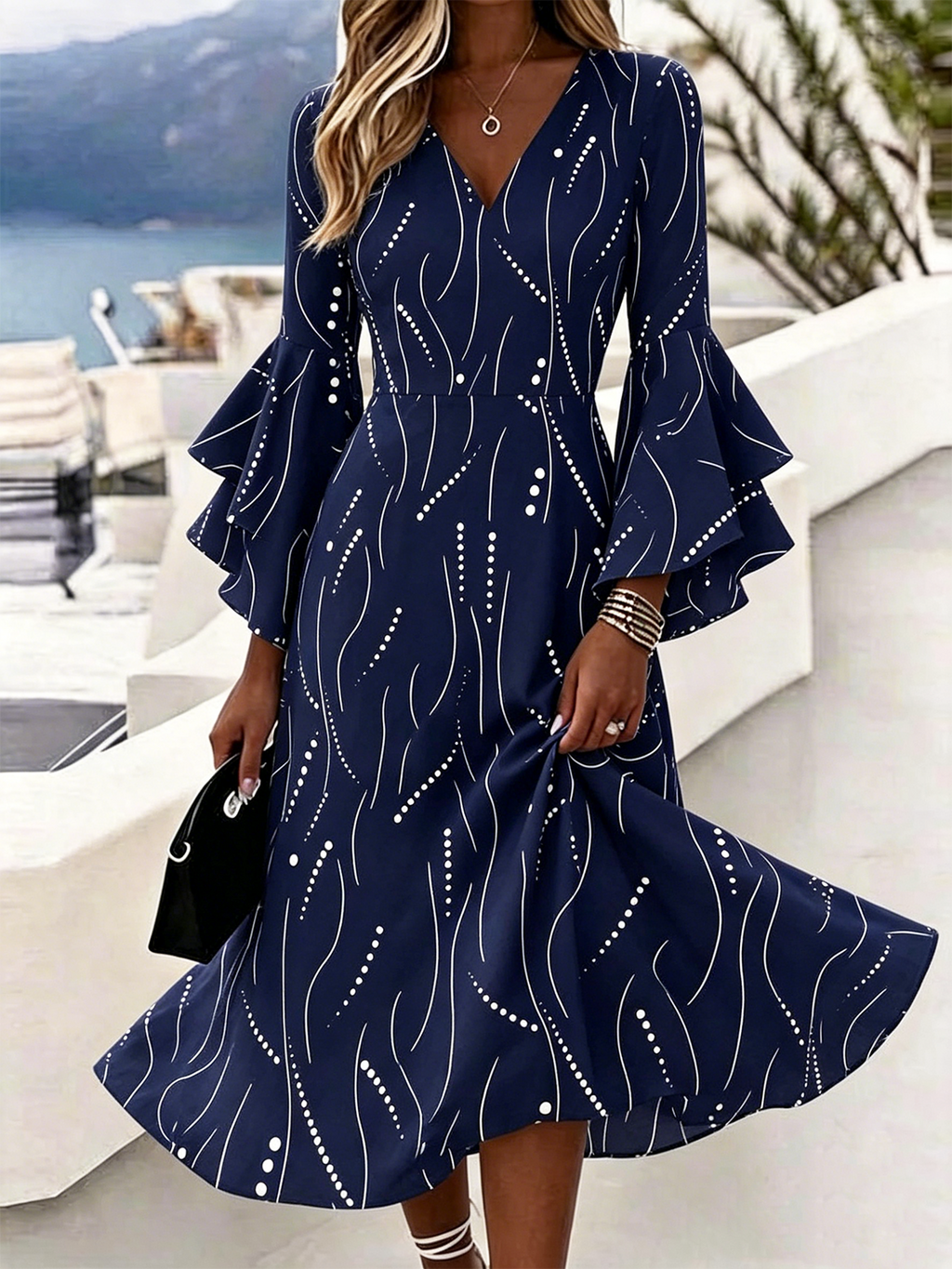 Striped Bell Sleeve V Neck Elegant Dress With No