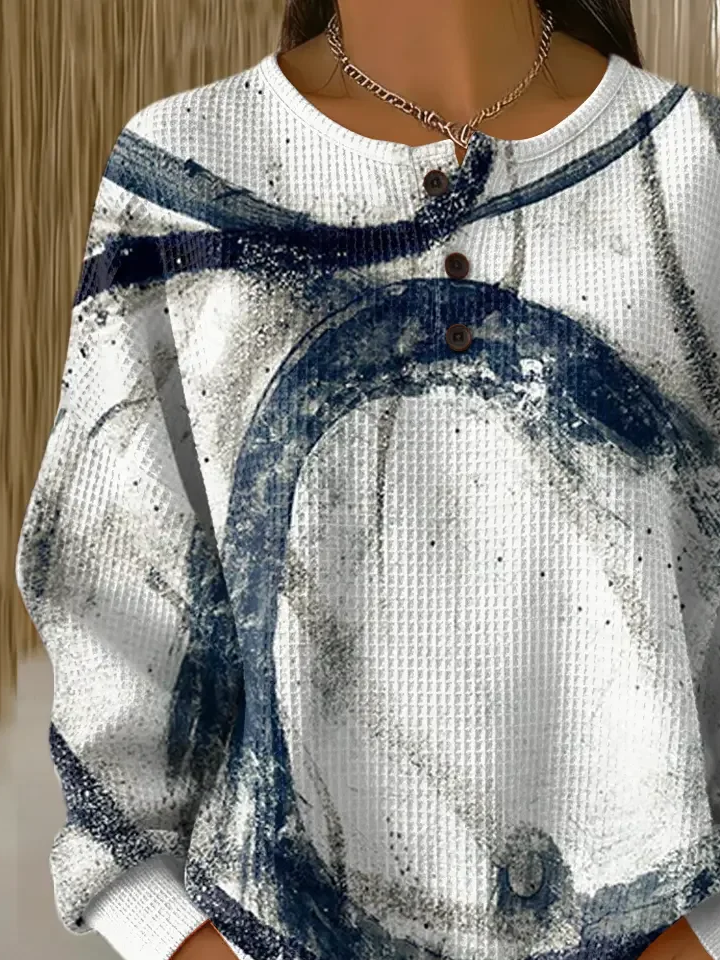 Women's Abstract Print Button-Up Casual Waffle Knit Sweatshirt