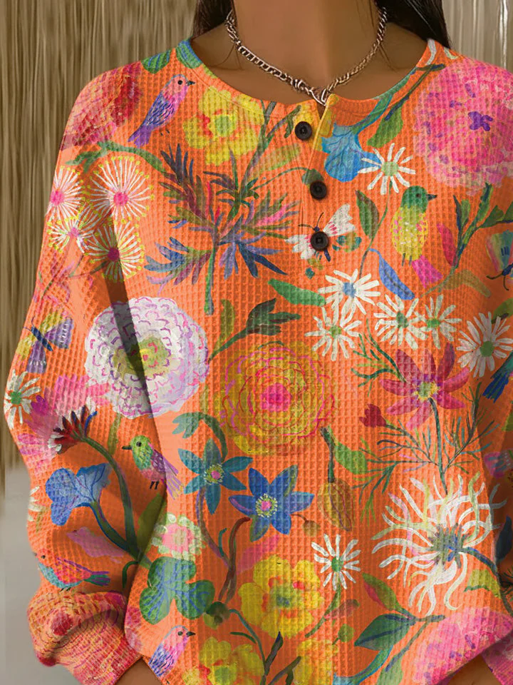 Women's Floral Print Button-Up Casual Waffle Knit Sweatshirt