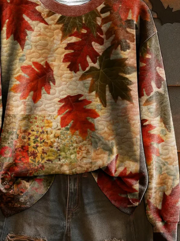 Casual Printing Crew Neck Maple Leaf Sweatshirt