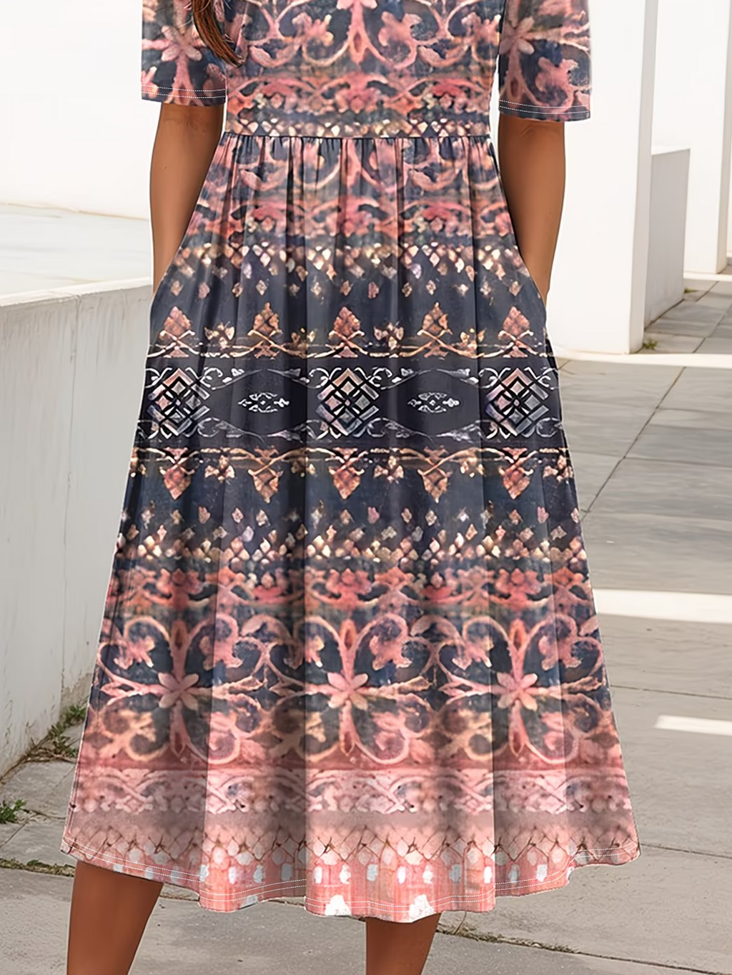 Women's Short Sleeve Summer Pink Ethnic Printing Crew Neck Daily Going Out Casual Maxi H-Line Shift Dress Dress