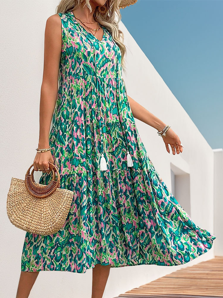 Ethnic Geometry Casual Viscose V Neck Sleeveless Vacation Summer Elegant Maxi Dress